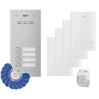 ZESTAW DOMOFONOWY ACO FAM-P-4NPACC + 4 UNIFONY UP800 G2 + ZASILACZ NA SZYNĘ DIN 15V